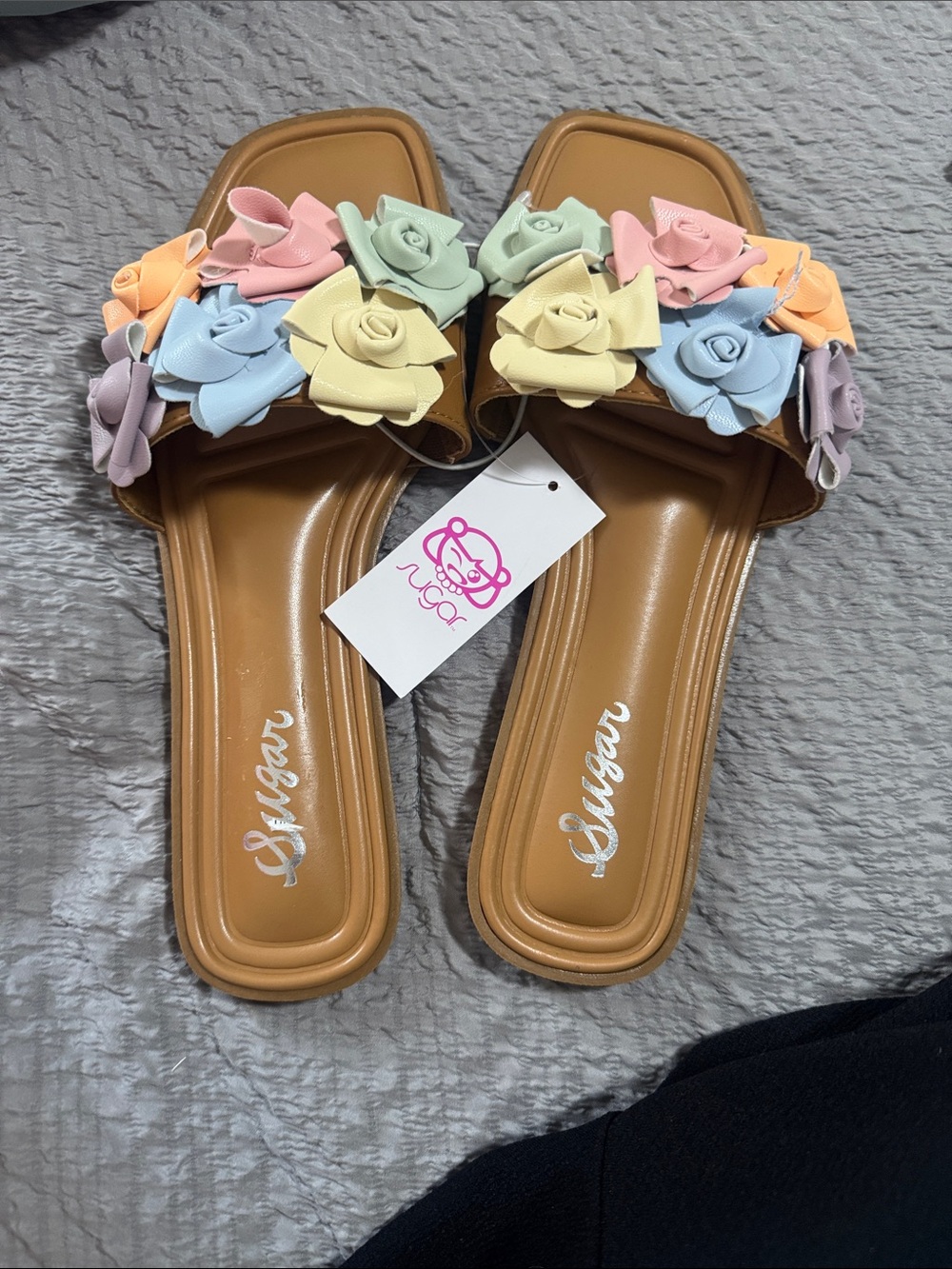 Sugar Tan Slide Sandals with Pastel Floral Rosettes